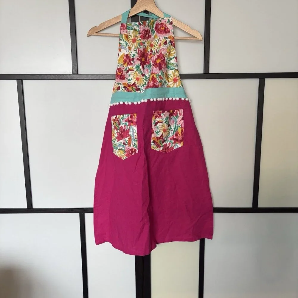 Opalhouse Cooking‎ Apron Floral Pink Pom Pom Cotton Pockets Boho Preppy Summer